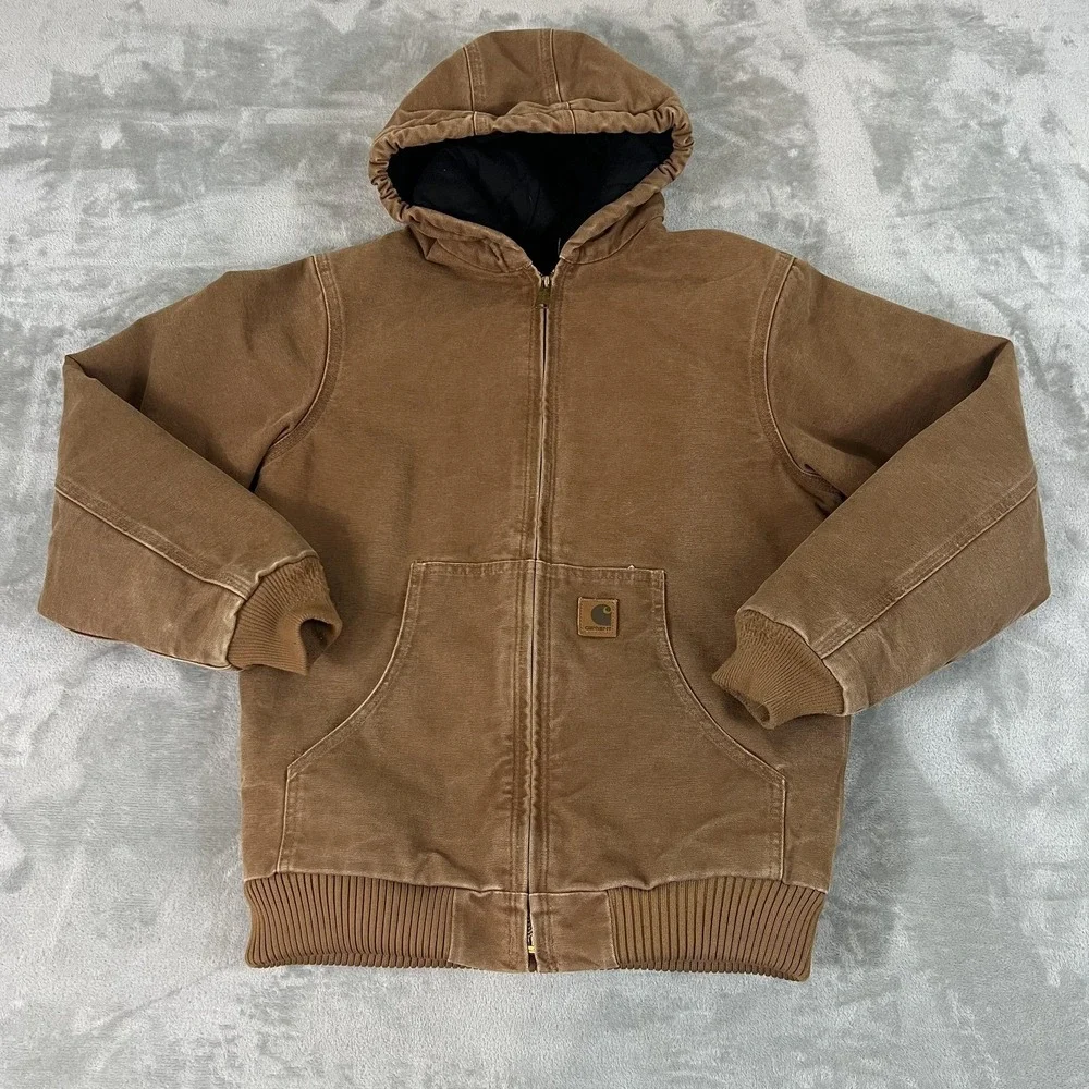 Carhartt Jacket Boys XL 14/16 Brown Hooded Quilt Lined Canvas Work YYJ130 BRN